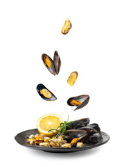 Mussels Pile on Black Plate Isolated, Open Shellfish, Seafood, Mussels Meat, Cooked Clams on White
