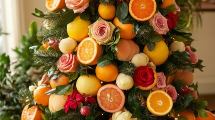 A vibrant arrangement featuring assorted fruits and roses mimics a Christmas tree, showcasing oranges, lemons, and pink roses. The decor enhances the cheerful festive atmosphere.