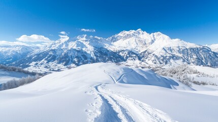 Majestic Winter Wonderland: Snow-Covered Medieval Mountain Range with Village Below