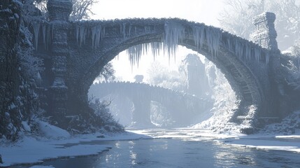 Enchanting Winter Wonderland - Snow-Covered Bridge Over Frozen River with Icicles and Trees | Ultra-Detailed Fantasy Landscape Photo