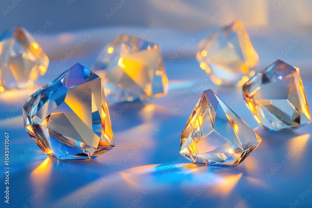 Poster Geometric icy crystals sparkle and glow, reflecting light beautifully against a serene blue background, creating an enchanting effect. Generative AI