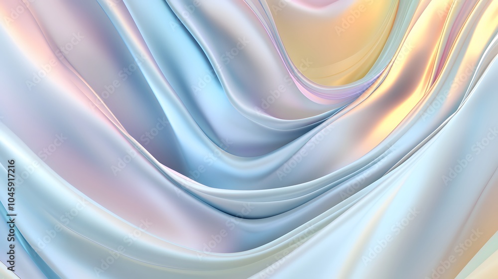 Poster fluid abstract waves in soft pastel hues blending orange, blue, and yellow tones, creating a smooth 