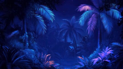 A surreal, neon-lit jungle scene at night, with glowing palm trees and lush foliage.