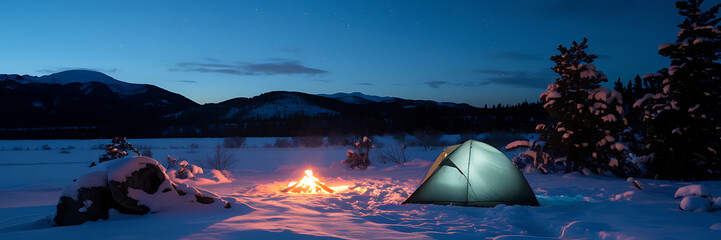 Campfire  tent  and snowy landscape  blue and orange  winter camping  serene and tranquil  winter escape   