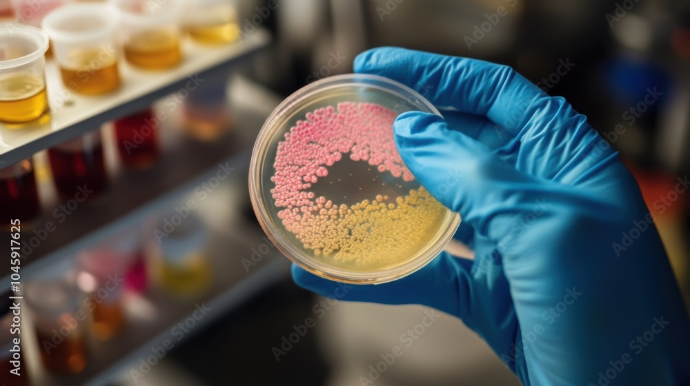 Poster a lab technician holds a petri dish containing vibrant colored cultures while conducting research in