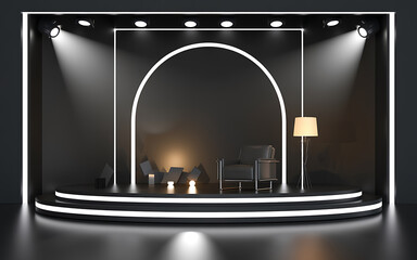 Minimalist black and white stage design with a leather armchair  perfect for product presentation or showcasing   