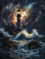 Lighthouse standing on a rocky shore by the sea at night, with dramatic waves crashing under a starry sky, symbolizing hope and safety amidst the power of nature.