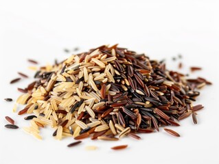 A mound of wild rice mix on a white background