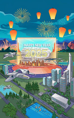 Futuristic city skyline with flying vehicles and fireworks  celebrating New Year 2025 with bright yellow and orange colors   