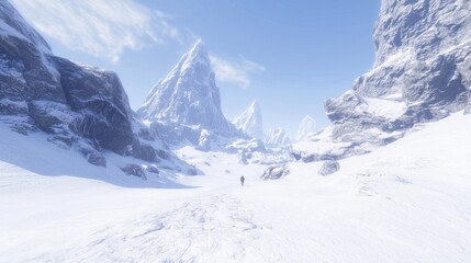 Fototapeta premium Epic Winter Journey: Lone Traveler on Snowy Mountain Pass in Medieval Fantasy Setting