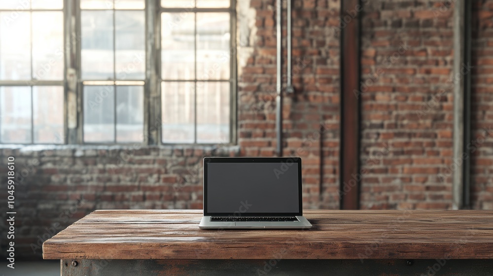 Fototapete a laptop sits on a wooden table, illuminated by natural light from large windows in a rustic setting