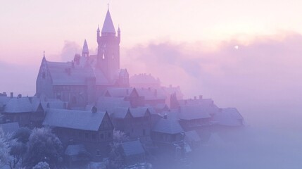 Obraz premium Enchanting Winter Scene of Medieval Village at Sunrise with Glistening Snow - Ultra-Detailed Fantasy Landscape Photo