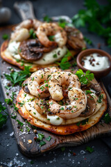 Two Mediterranean-Inspired Meals on Wooden Board with Light Azure and Dark White Tones