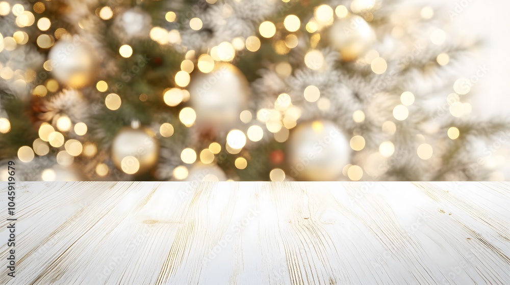 Poster a cozy wooden table in front of a blurred christmas tree, illuminated by warm golden lights, creatin
