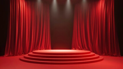 Red velvet curtains and a stage with spotlight.