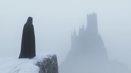Mysterious Winter Wanderer Contemplating Distant Castle in Medieval Fantasy Realm | Ultra-Detailed Snowy Cliff Adventure