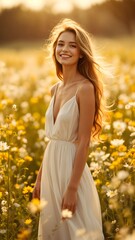 Woman in a Field of Wildflowers,  A beautiful woman in a flowing white dress standing in a field of wildflowers, bathed in golden sunlight. The image evokes a sense of freedom and joy.