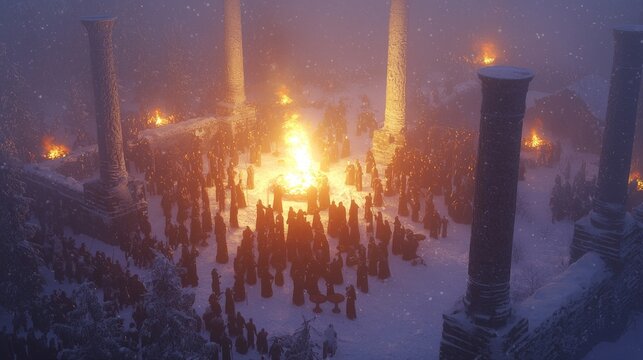 Magical Winter Solstice Celebration in a Medieval Fantasy Village - Vibrant Bonfires, Festive Drums, and Traditional Dances Under the Snowy Night Sky