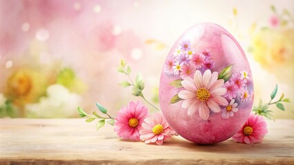 Watercolor pink Easter egg decorated with flowers