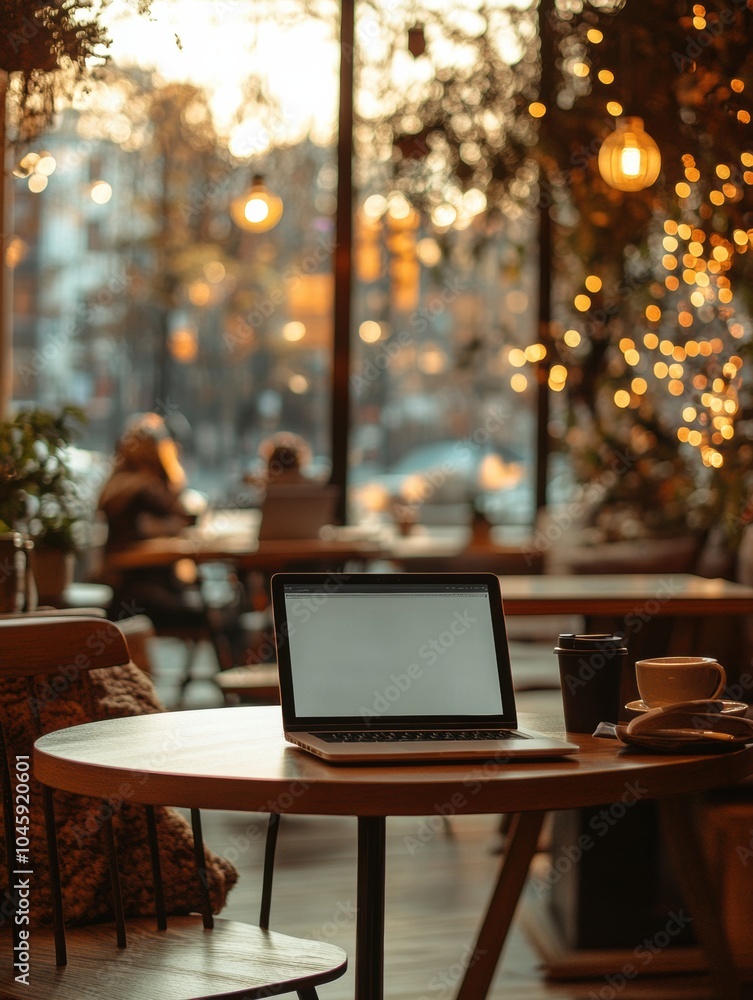 Aufkleber a laptop sits on a wooden table in a café adorned with lights, as customers enjoy the evening ambian