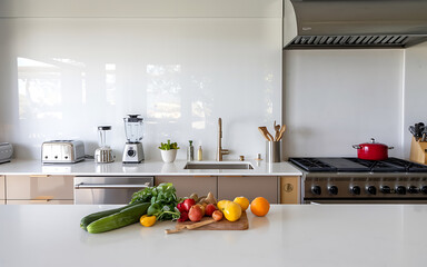 Modern kitchen with stainless steel appliances and fresh produce  showcasing a healthy lifestyle   