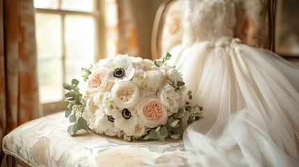 Elegant bridal bouquet resting on vintage chair by wedding dress
