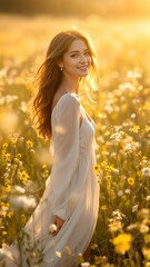 Woman in a Field of Wildflowers,  A beautiful woman in a flowing white dress standing in a field of wildflowers, bathed in golden sunlight. The image evokes a sense of freedom and joy.