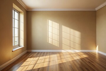 Obraz premium Soft shadows of sunlight on beige wall and wooden floor