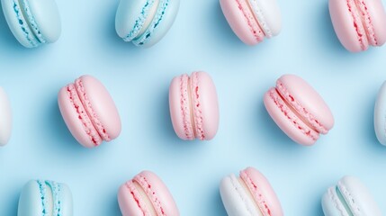 Obraz premium pastel macarons arranged in a neat pattern on light blue background
