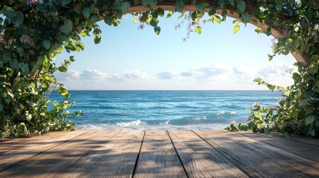 A wooden deck with a view of the ocean through an arch of green leaves.