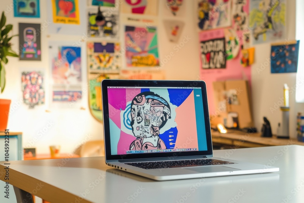 Aufkleber a laptop sits on a table, showcasing vibrant designs while colorful artwork adorns the studio walls,
