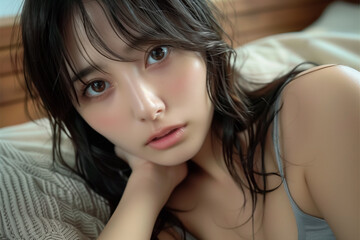 Naklejka premium グレーのタンクトップで魅力的な表情の女性 ヘルシー