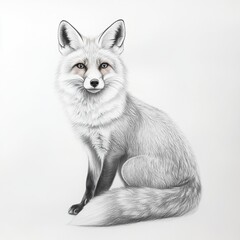 Obraz premium A detailed pencil drawing of a fox sitting on a white background.