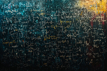 Obraz premium Celestial-style writing and scribbles on a textured wall, blending intricate cosmic patterns with a sense of mystery and otherworldly design, evoking ancient inscriptions and cosmic chaos.