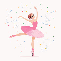 Pretty ballerina in pink dress dancing on white background. Vector illustration in flat cartoon style