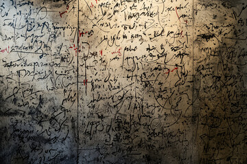 Obraz premium Celestial-style writing and scribbles on a textured wall, blending intricate cosmic patterns with a sense of mystery and otherworldly design, evoking ancient inscriptions and cosmic chaos.