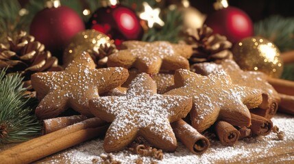 A collection of star-shaped gingerbread cookies dusted with powdered sugar is surrounded by holiday ornaments and pinecones, creating a warm, inviting atmosphere that celebrates the festive season.