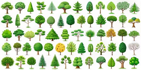 Fototapeta premium 36 Cartoon Green Trees Isolated on White Background, Trees, Nature, Illustration, Design, Forest, Environment