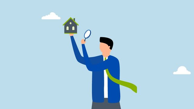House inspection, 4k animation of Inquisitive businessman examining house details with magnifying glass.