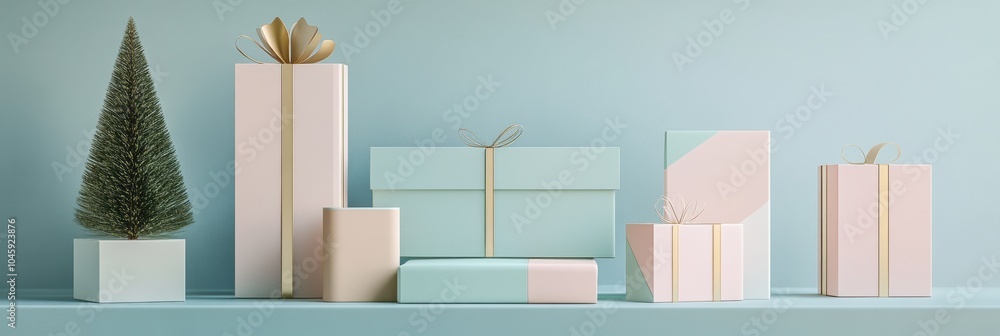 Aufkleber Geometric gift boxes in pastel colors are displayed on a shelf alongside a small tree, creating a charming festive atmosphere. Generative AI