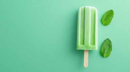 fresh mint popsicle on green background with mint leaves, with copy space for text