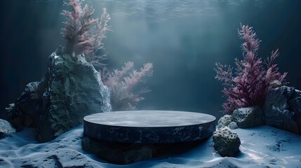 Podium A dark underwater scene with a black marble platform surrounded by rocks and coral.