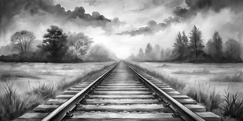 Fototapeta premium Black and White Watercolor Painting of a Railroad Track Disappearing into the Mist, Train Tracks, Railroad , Fog
