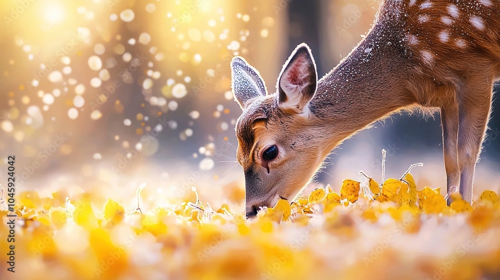 Canvas Prints a close-up of a deer grazing in a field of yellow grass with flowers in the foreground and a blurred