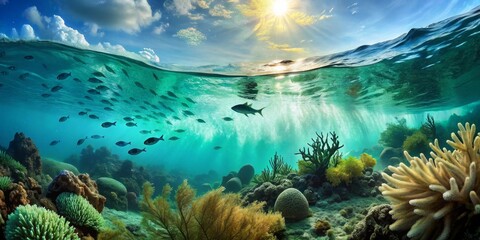 Sunlit Underwater Paradise Split-Level Composition, Fish School, Coral Reef, Tropical Sea, underwater photography, marine life
