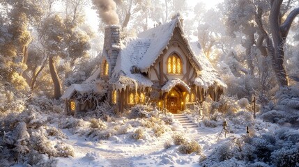 Enchanting Winter Scene of Medieval Fantasy Tavern in Snowy Forest with Cozy Atmosphere and Patrons Sharing Tales of Adventure