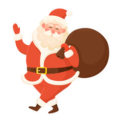 New Year, Christmas vector illustration of Santa Claus carrying a big sack of gifts. Perfect for Christmas designs, holiday cards and seasonal decorations.