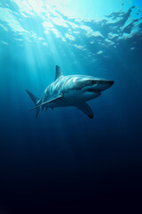Fototapeta premium great white shark swimming in the deep blue ocean