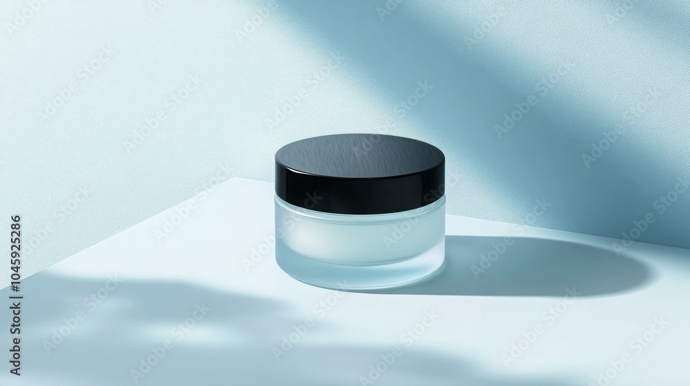 Poster a glass jar of cream with a black lid is on a white surface. sunlight shines through a window, casti