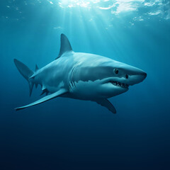 Fototapeta premium great white shark swimming in the deep blue ocean